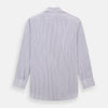 View 3 of product The Turnbull & Asser Purple Ticking Stripe Mayfair Shirt is a long-sleeve button-up with a T&A collar and slim blue-and-white vertical stripes, shown on a white background.