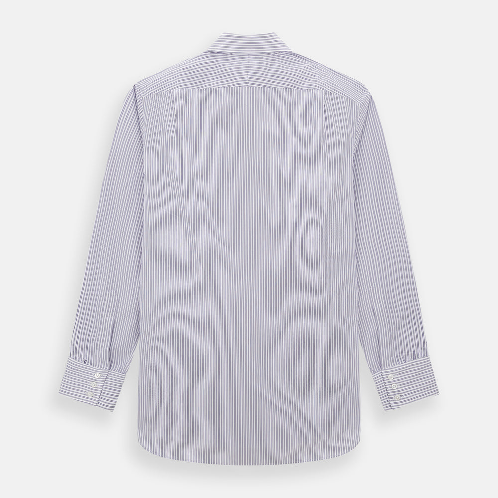 The Turnbull & Asser Purple Ticking Stripe Mayfair Shirt is a long-sleeve button-up with a T&A collar and slim blue-and-white vertical stripes, shown on a white background.
