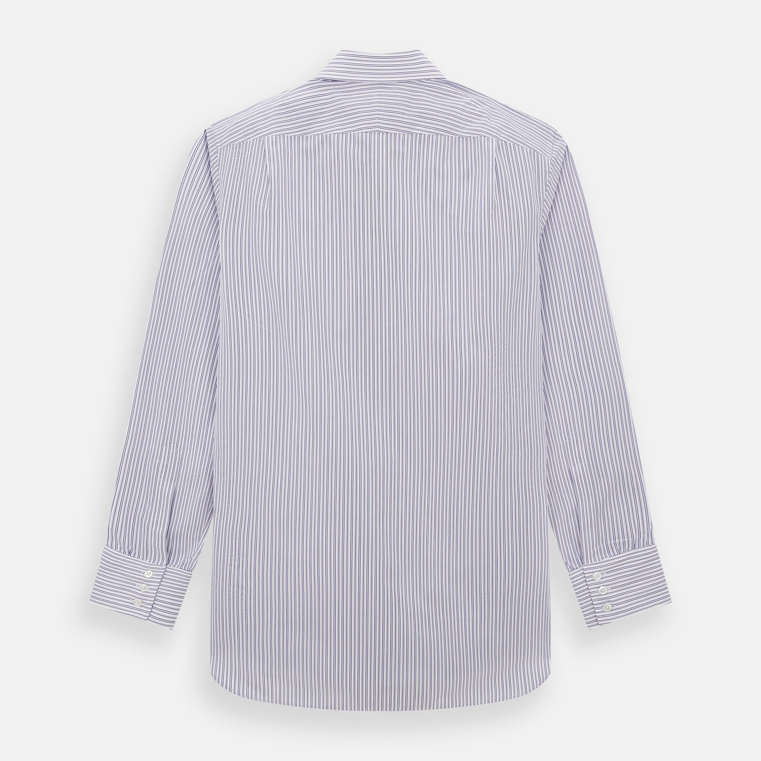 View 3 of product The Turnbull & Asser Purple Ticking Stripe Mayfair Shirt is a long-sleeve button-up with a T&A collar and slim blue-and-white vertical stripes, shown on a white background.