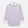View 1 of product The Turnbull & Asser Lilac Track Stripe Shirt with Contrast T&A Collar and Cuffs features vertical black stripes, a white pointed collar, and white cuffs, shown flat against a white background.