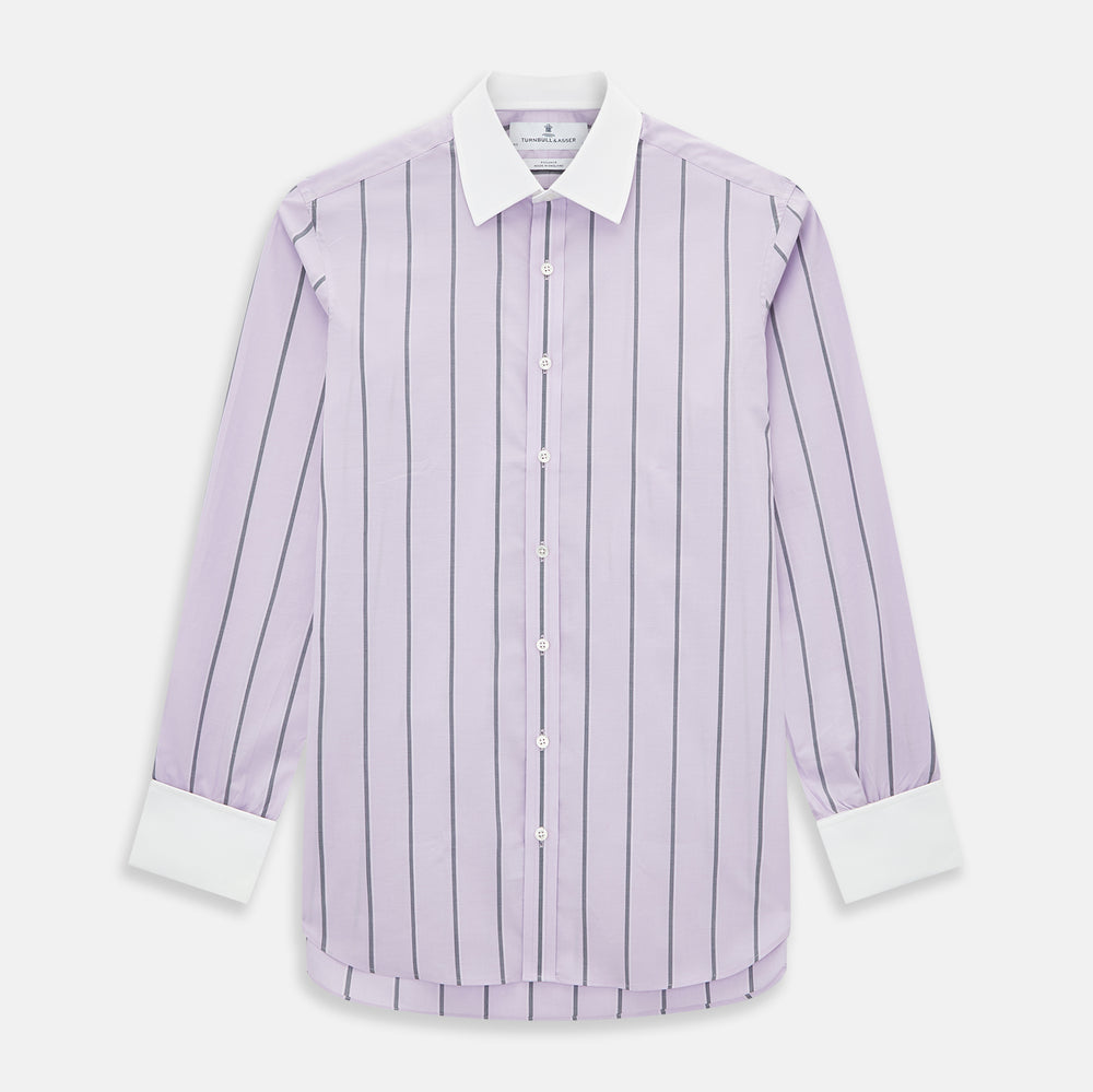 The Turnbull & Asser Lilac Track Stripe Shirt with Contrast T&A Collar and Cuffs features vertical black stripes, a white pointed collar, and white cuffs, shown flat against a white background.