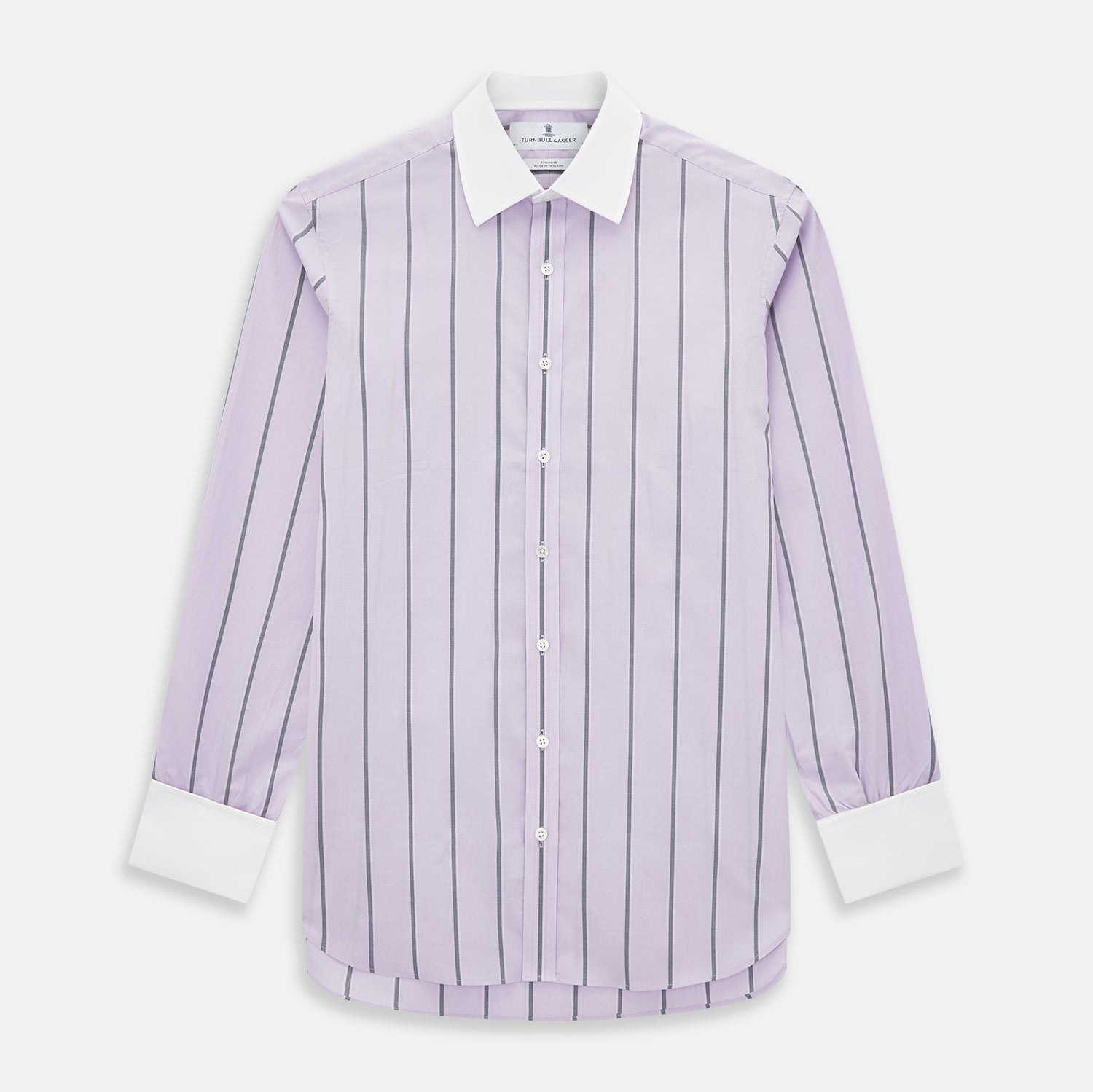 View 1 of product The Turnbull & Asser Lilac Track Stripe Shirt with Contrast T&A Collar and Cuffs features vertical black stripes, a white pointed collar, and white cuffs, shown flat against a white background.