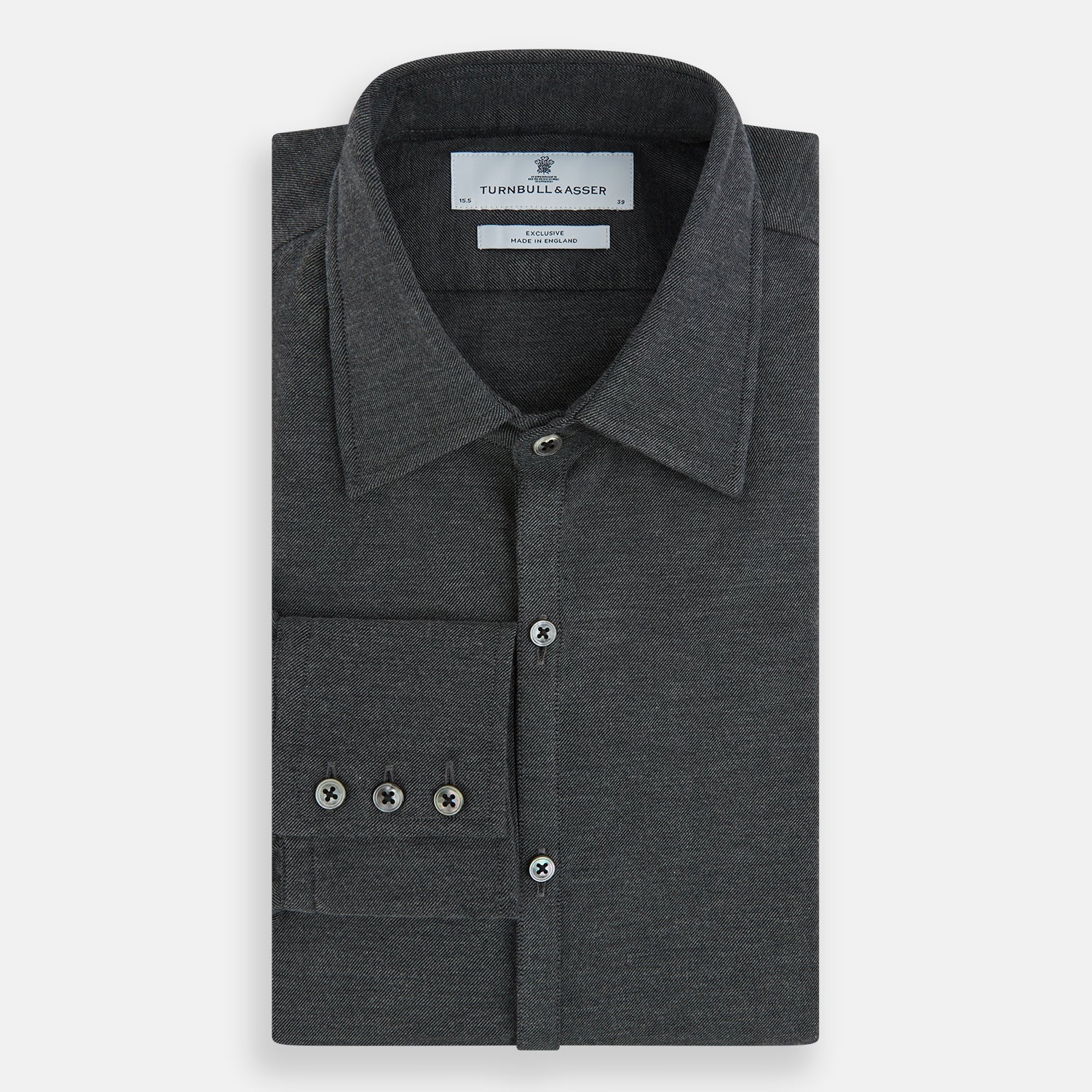 View 5 of product The Charcoal Melange Westminster Shirt by Turnbull & Asser features a long-sleeve, button-up design with a Turnbull collar and buttoned cuffs, offering classic British craftsmanship in a timeless style.