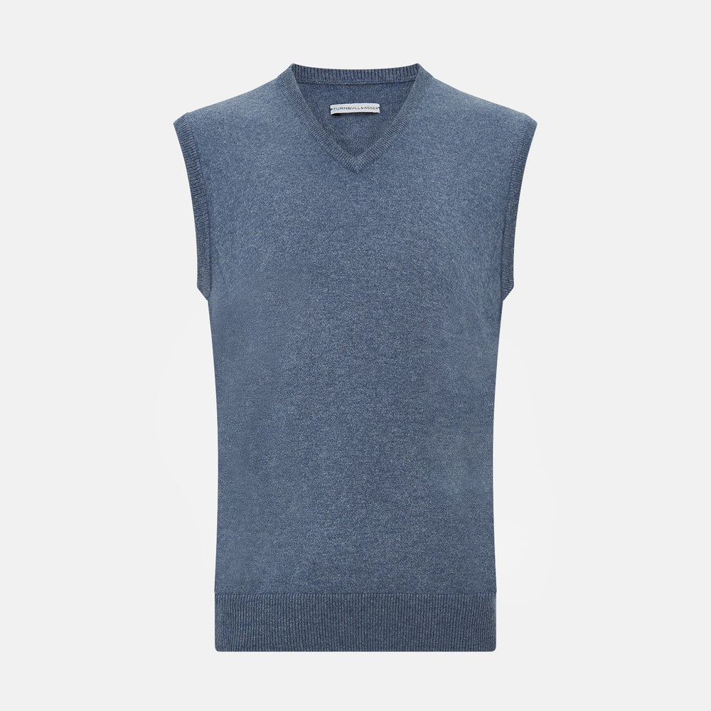 The Avio Blue Cashmere V-neck Vest by Turnbull & Asser is a sleeveless knitwear piece with ribbed hem and armholes, shown against a plain white background.