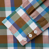 View 4 of product The Turnbull & Asser Green and Pink Multi-check Cotton Blend Regular Fit Mayfair Shirt features a classic T&A collar, white buttons, and an olive green, blue, white, and pink plaid pattern.
