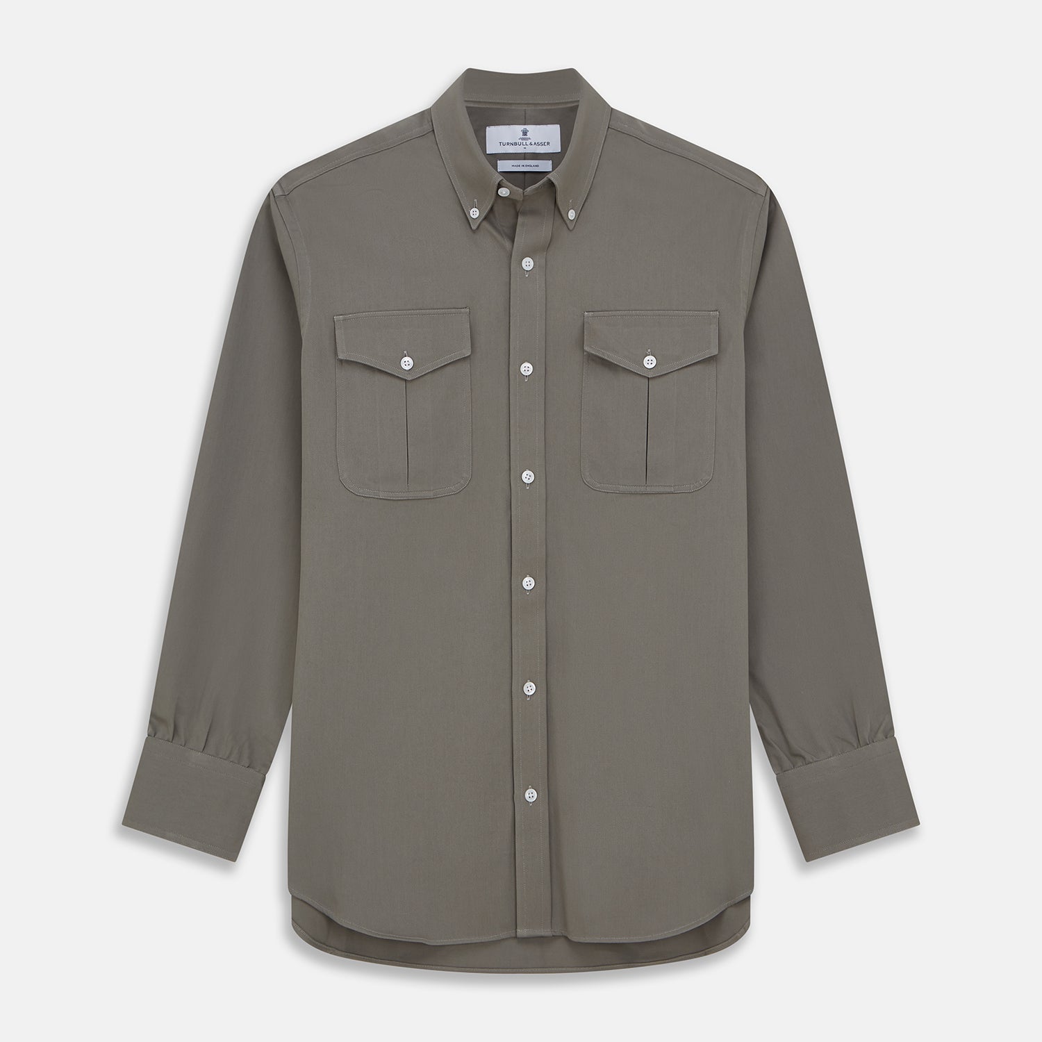View 1 of product The Turnbull & Asser Dusty Sage Cotton Drill Weekend Fit Nevis Shirt features a button-down collar, long sleeves, two chest pockets, and white buttons, shown folded on a white background.