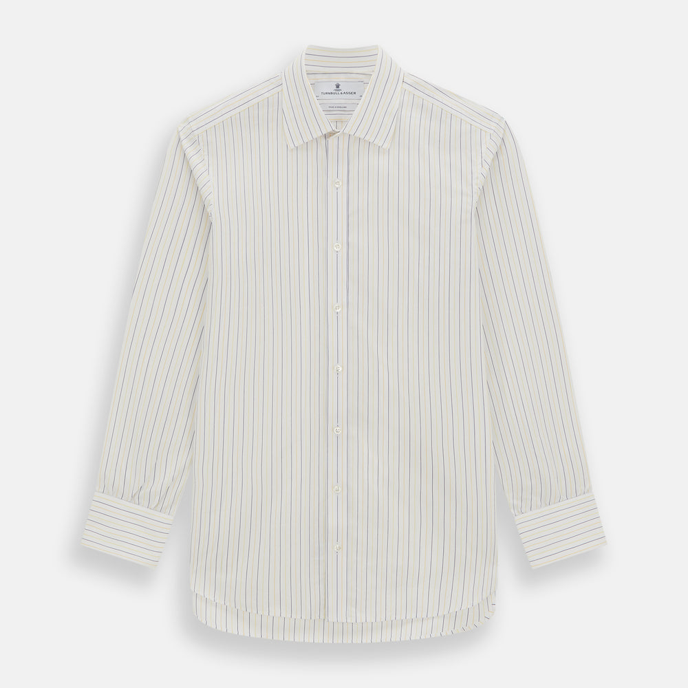 The Turnbull & Asser Yellow Double Pinstripe Mayfair Shirt, a long-sleeved, button-up with thin blue and yellow stripes on white, classic T&A collar, and buttoned cuffs, is laid flat on a white surface.