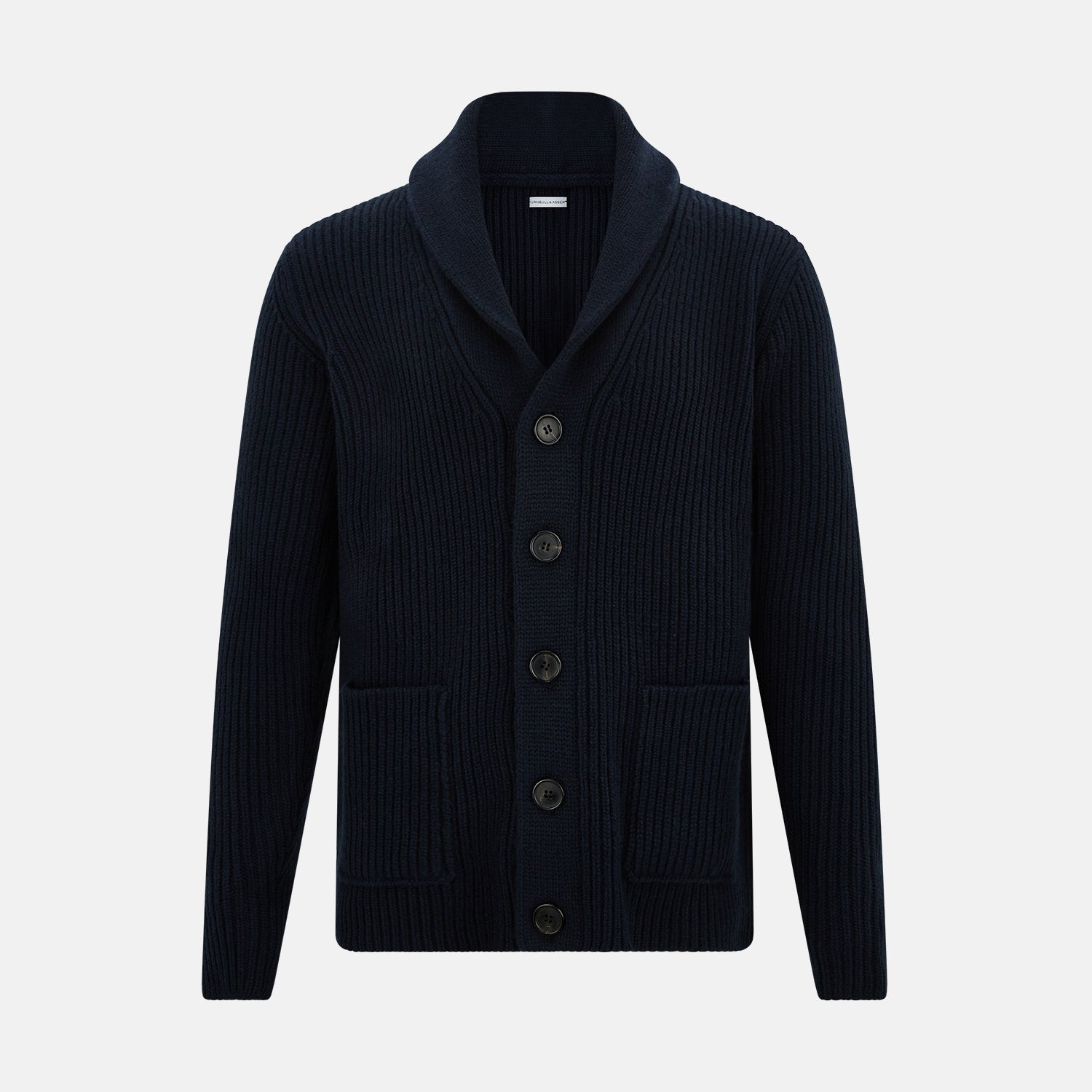 View 1 of product The Turnbull & Asser Midnight Blue Cashmere Shawl Collar Cardigan features ribbed fabric, five black front buttons, a shawl collar, and two front patch pockets, shown against a plain light background.