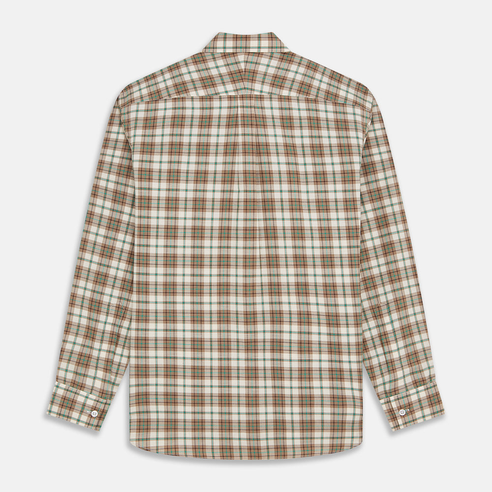 The Turnbull & Asser Green and Oatmeal Cotton Weekend Fit Langston Shirt features a Derby collar, long sleeves, two button-flap chest pockets, crisp white buttons, and a stylish plaid pattern.