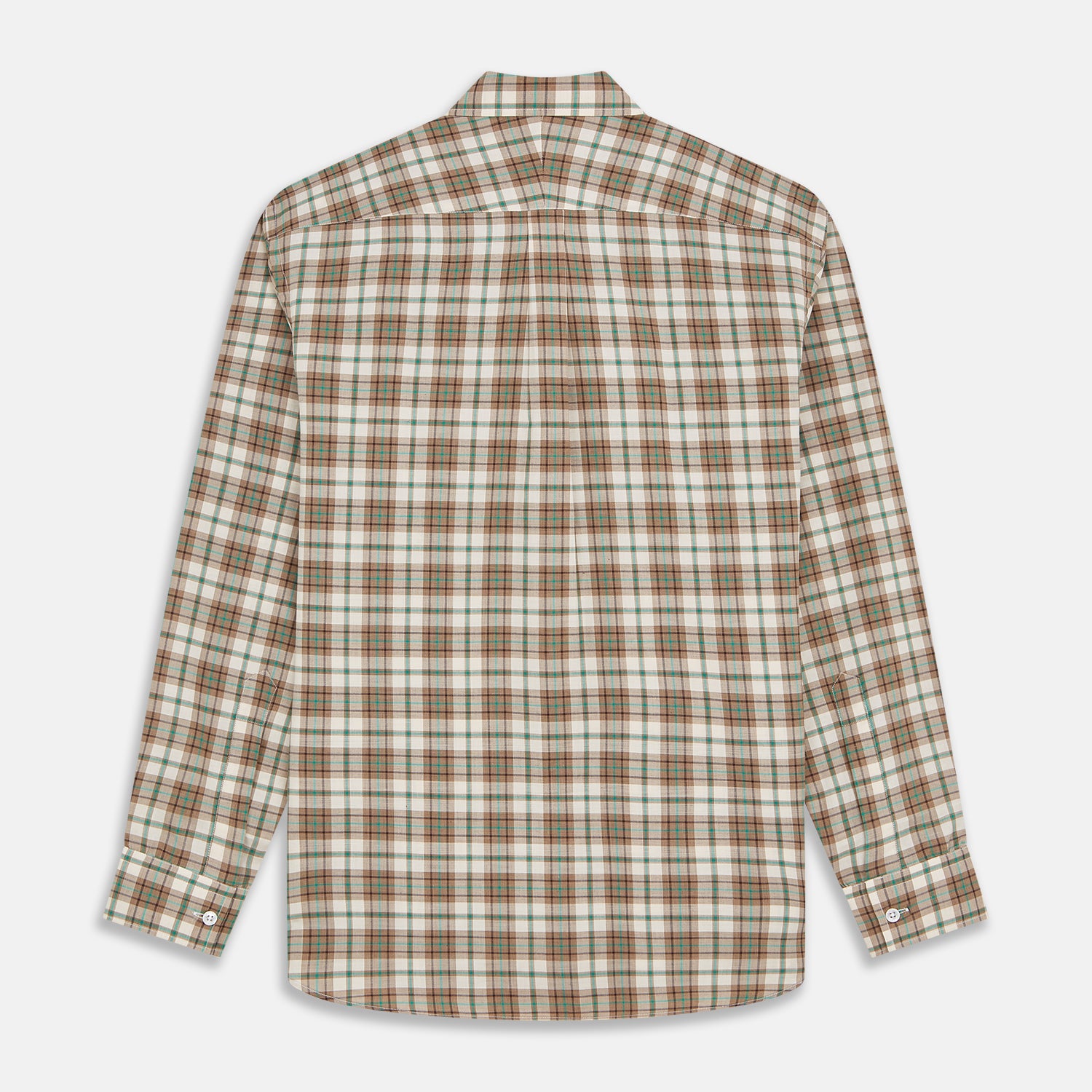 View 5 of product The Turnbull & Asser Green and Oatmeal Cotton Weekend Fit Langston Shirt features a Derby collar, long sleeves, two button-flap chest pockets, crisp white buttons, and a stylish plaid pattern.