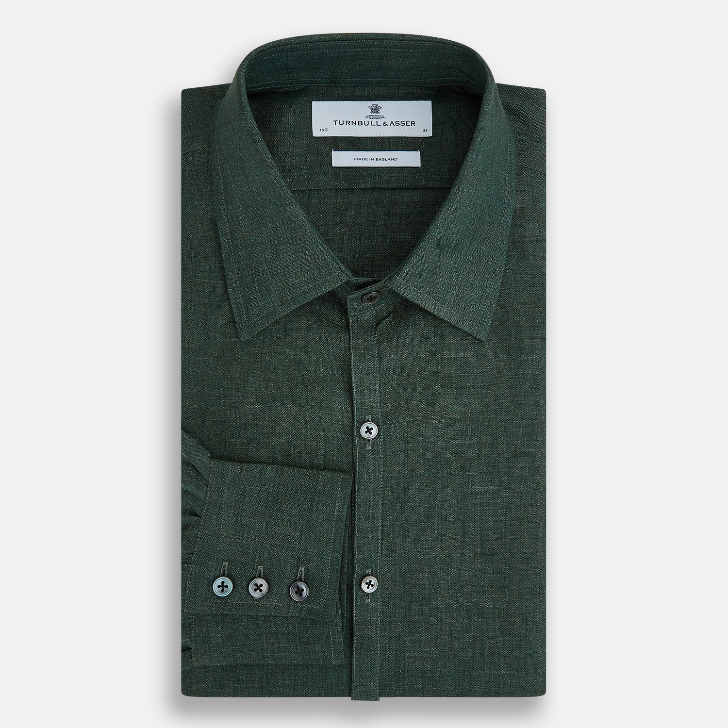 View 5 of product The Forest Green Linen Westminster Shirt by Turnbull & Asser features long sleeves, a Turnbull collar, and a button-up design, shown laid flat on a white background.
