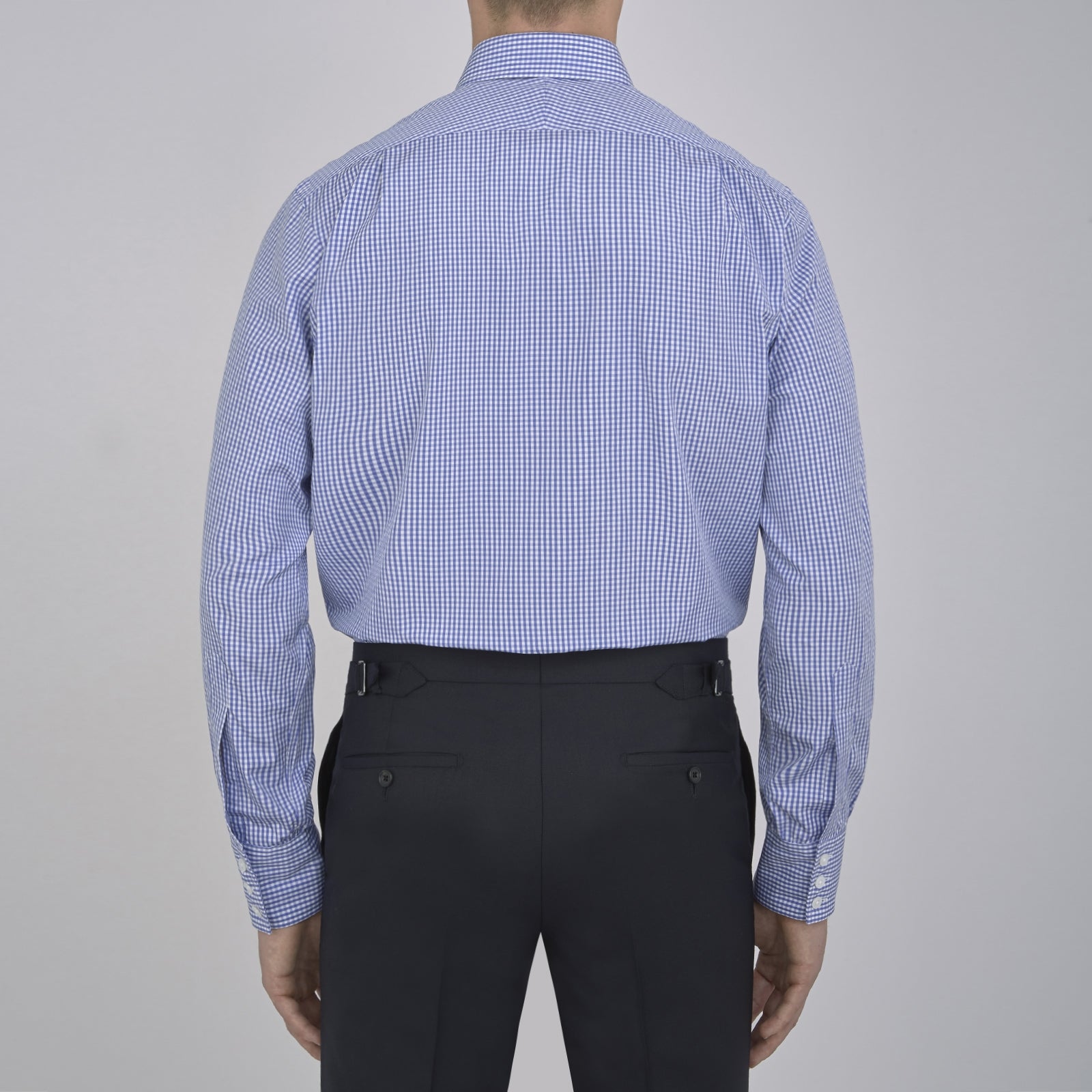 View 3 of product The Turnbull & Asser Mid-Blue Gingham Check Shirt features a T&A collar and 3-button cuffs, crafted from soft cotton and displayed against a plain white background.