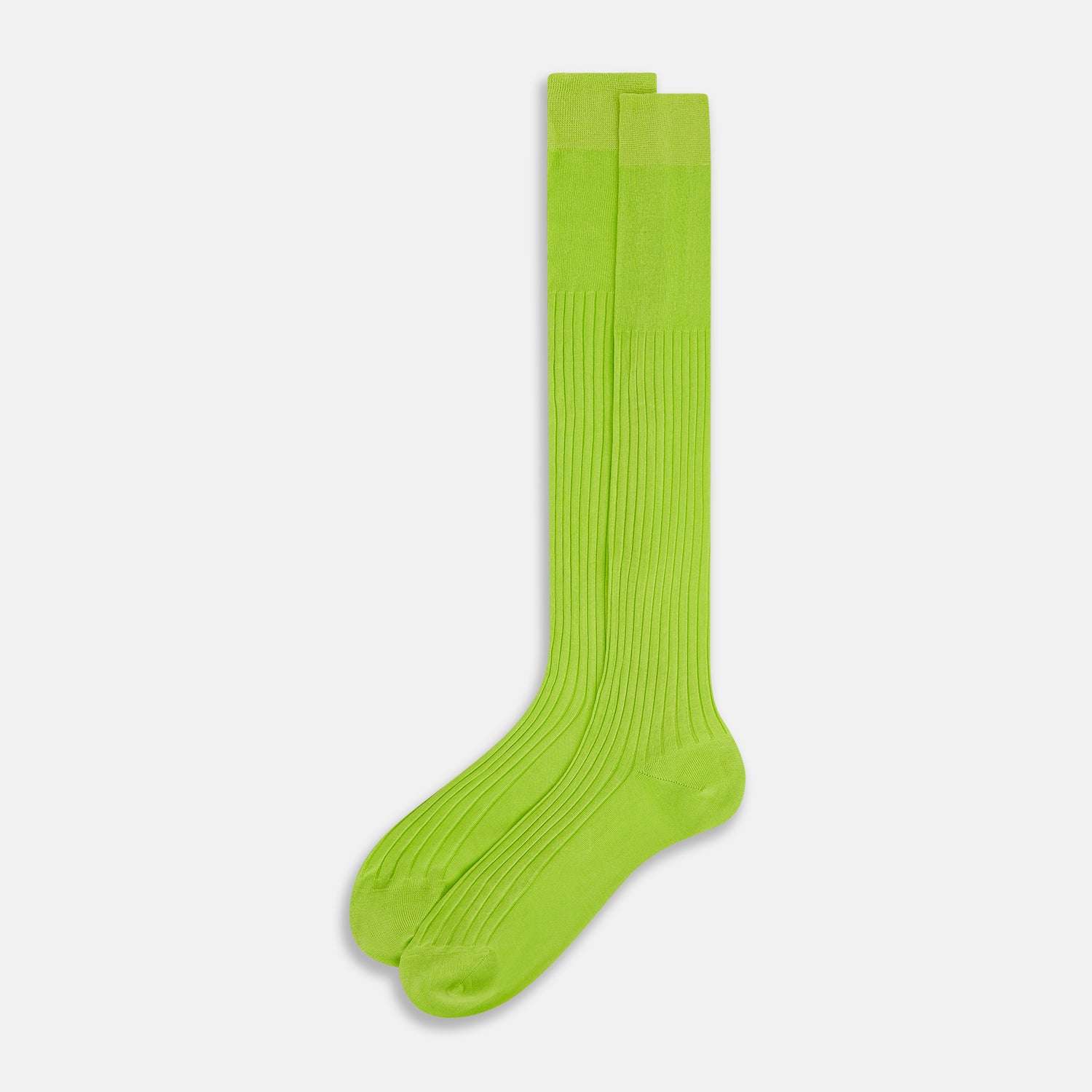 View 2 of product The Turnbull & Asser Lime Long Sock is a single bright green, knee-high sock with a ribbed texture, crafted from soft mercerised cotton, shown against a white background.
