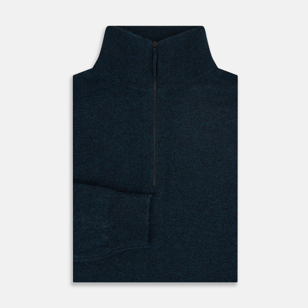 A dark green melange cashmere half-zip jumper by Turnbull & Asser, featuring a long-sleeve, mock neck design with a simple, classic look and no visible patterns or logos, displayed against a plain white background.