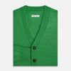 View 4 of product The Turnbull & Asser Lime Green Cashmere Cardigan features a V-neck, long sleeves, ribbed cuffs and hem, button-down front, and two front pockets—an essential knitwear piece shown against a plain white background.