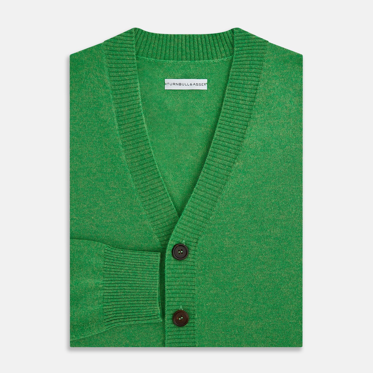 View 4 of product The Turnbull & Asser Lime Green Cashmere Cardigan features a V-neck, long sleeves, ribbed cuffs and hem, button-down front, and two front pockets—an essential knitwear piece shown against a plain white background.