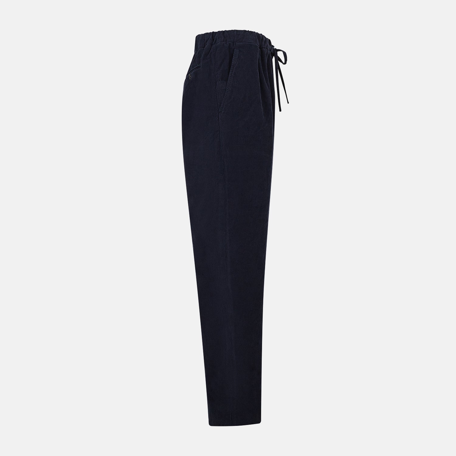 View 4 of product Turnbull & Asser's Light Navy Corduroy Miles Trousers feature a straight-leg stretch fit, elasticated waist, and matching fabric drawstring, shown on a plain white background.