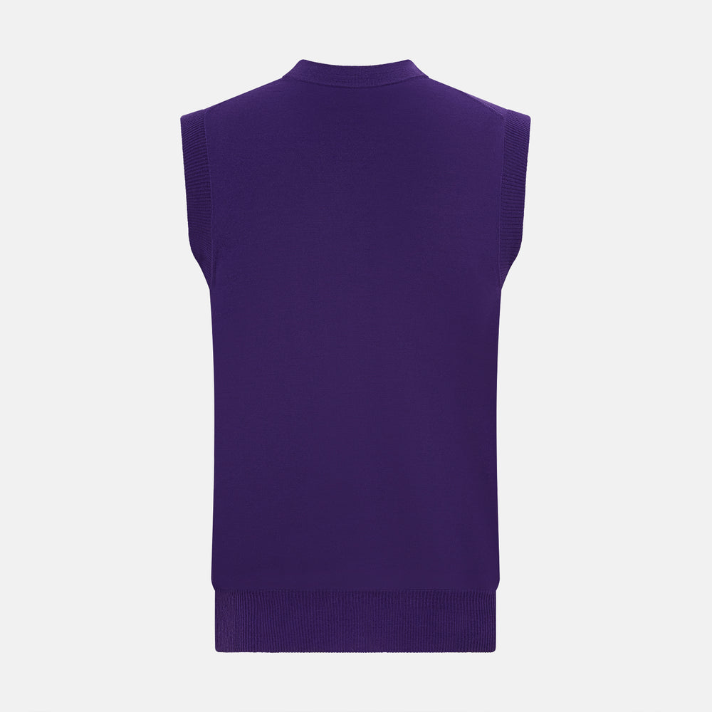 The Turnbull & Asser Purple Fine Merino V-Neck Sleeveless Cardigan features a button-up front and two pockets, displayed against a plain white background.