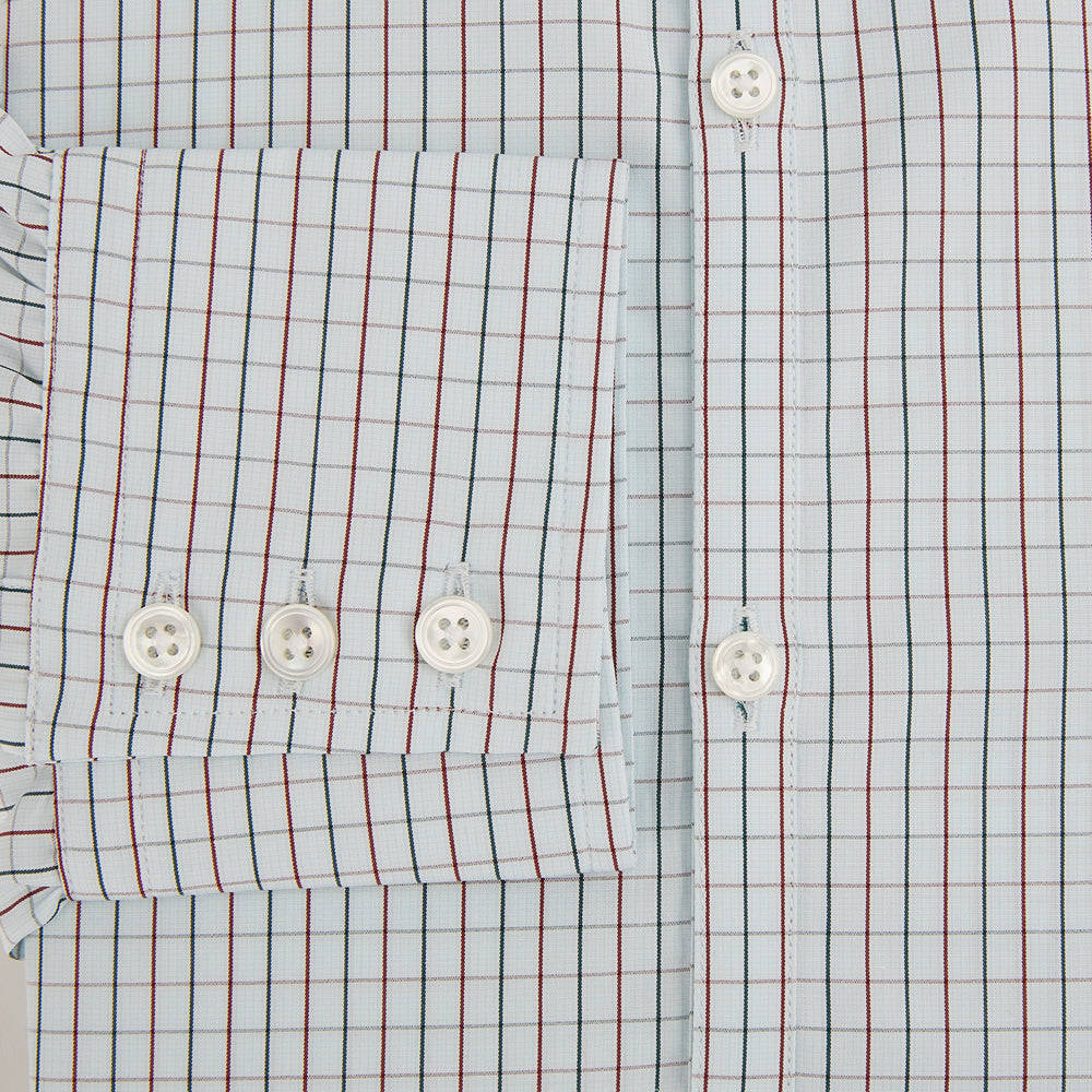 The Turnbull & Asser Forest Melange and Red Overlay Grid Check Westminster Shirt features long sleeves, a pointed collar, and buttoned cuffs, highlighting British craftsmanship. It's shown laid flat against a white background.