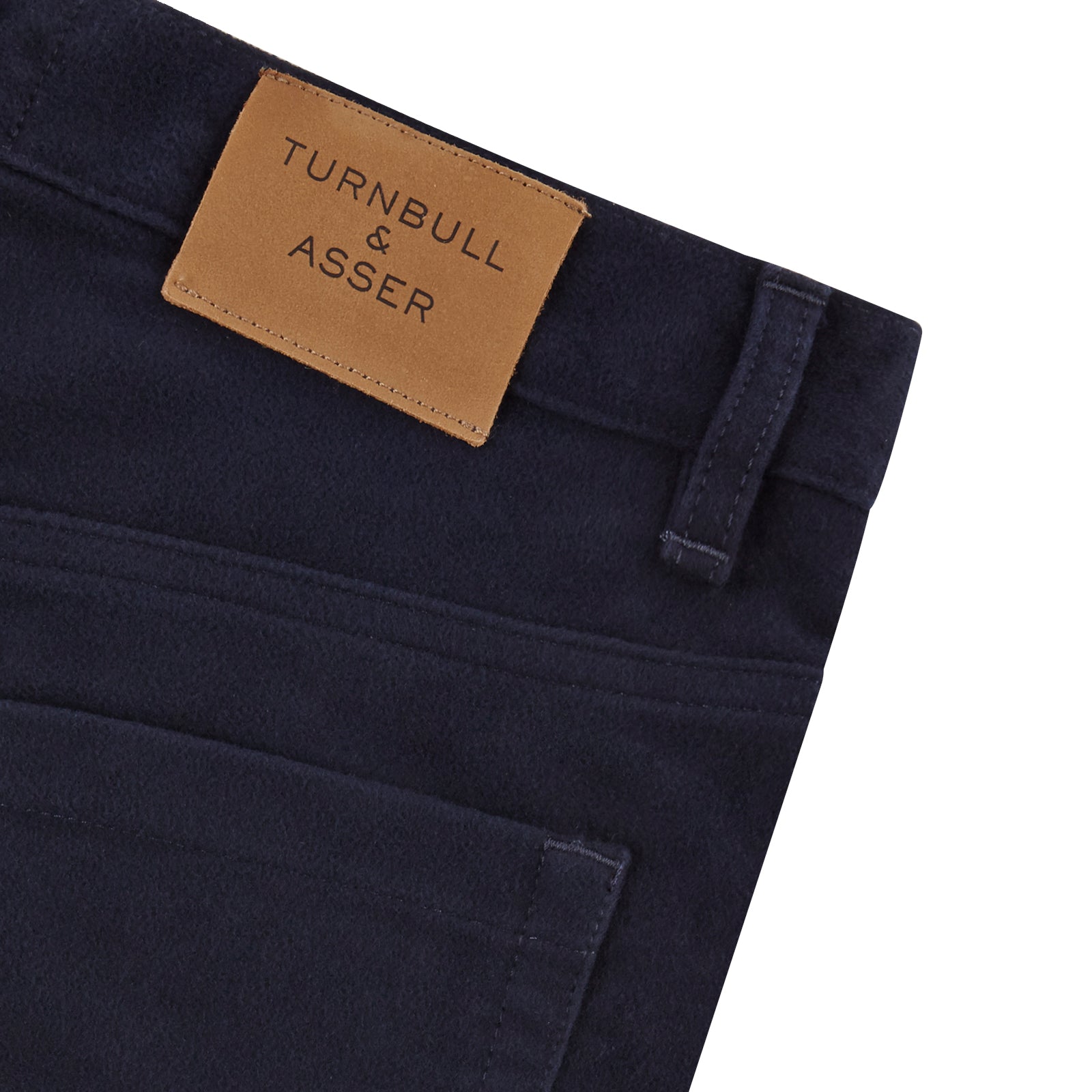 View 4 of product A pair of Turnbull & Asser 5 Pocket Boston Trousers, straight-leg with a dark wash, feature front and back pockets, a button closure, and belt loops, shown on a plain white background.