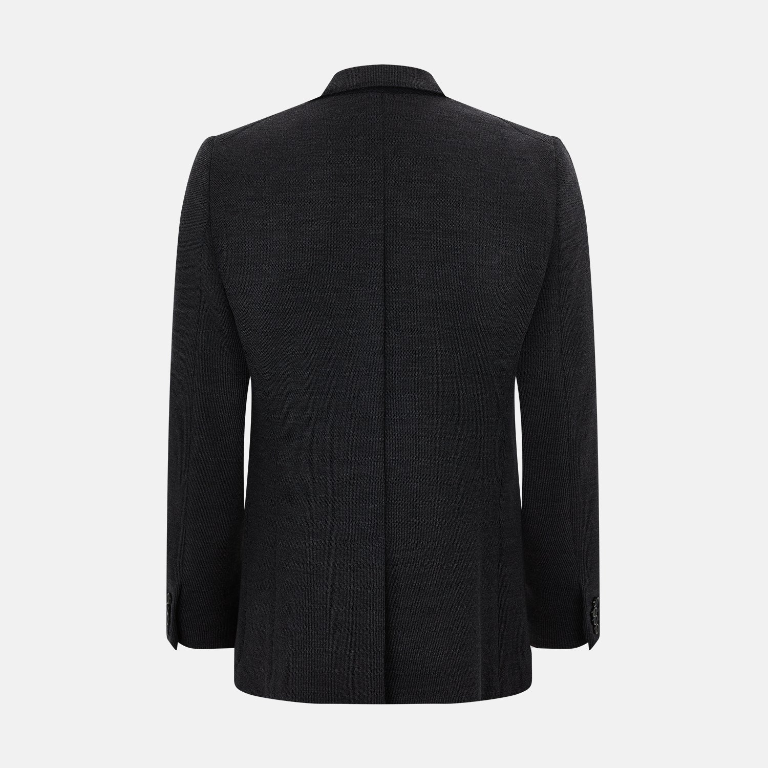 View 3 of product The Turnbull & Asser Charcoal Knitted Oxford Blazer features a notched lapel, two-button closure, and three front pockets, blending modern elegance with British heritage against a plain white background.