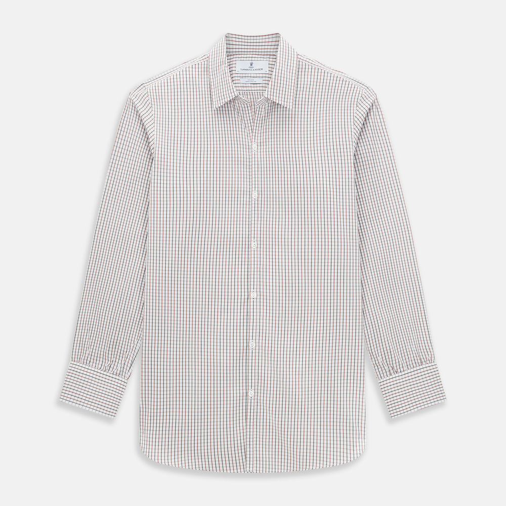 The Turnbull & Asser Red and Midnight Blue Tattersall Check Windsor Shirt features British craftsmanship, shown laid flat with sleeves extended and collar neatly folded.