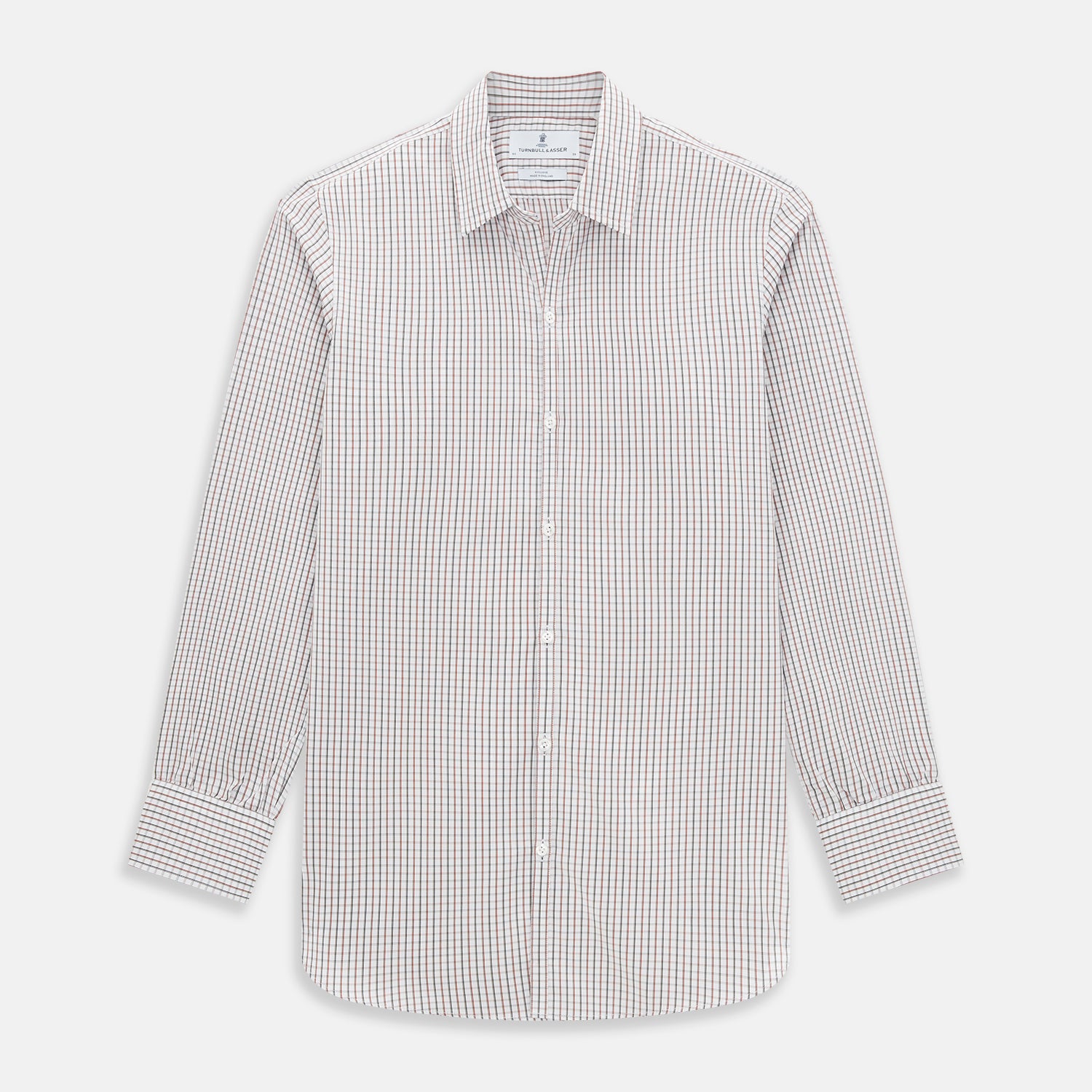 View 1 of product The Turnbull & Asser Red and Midnight Blue Tattersall Check Windsor Shirt features British craftsmanship, shown laid flat with sleeves extended and collar neatly folded.