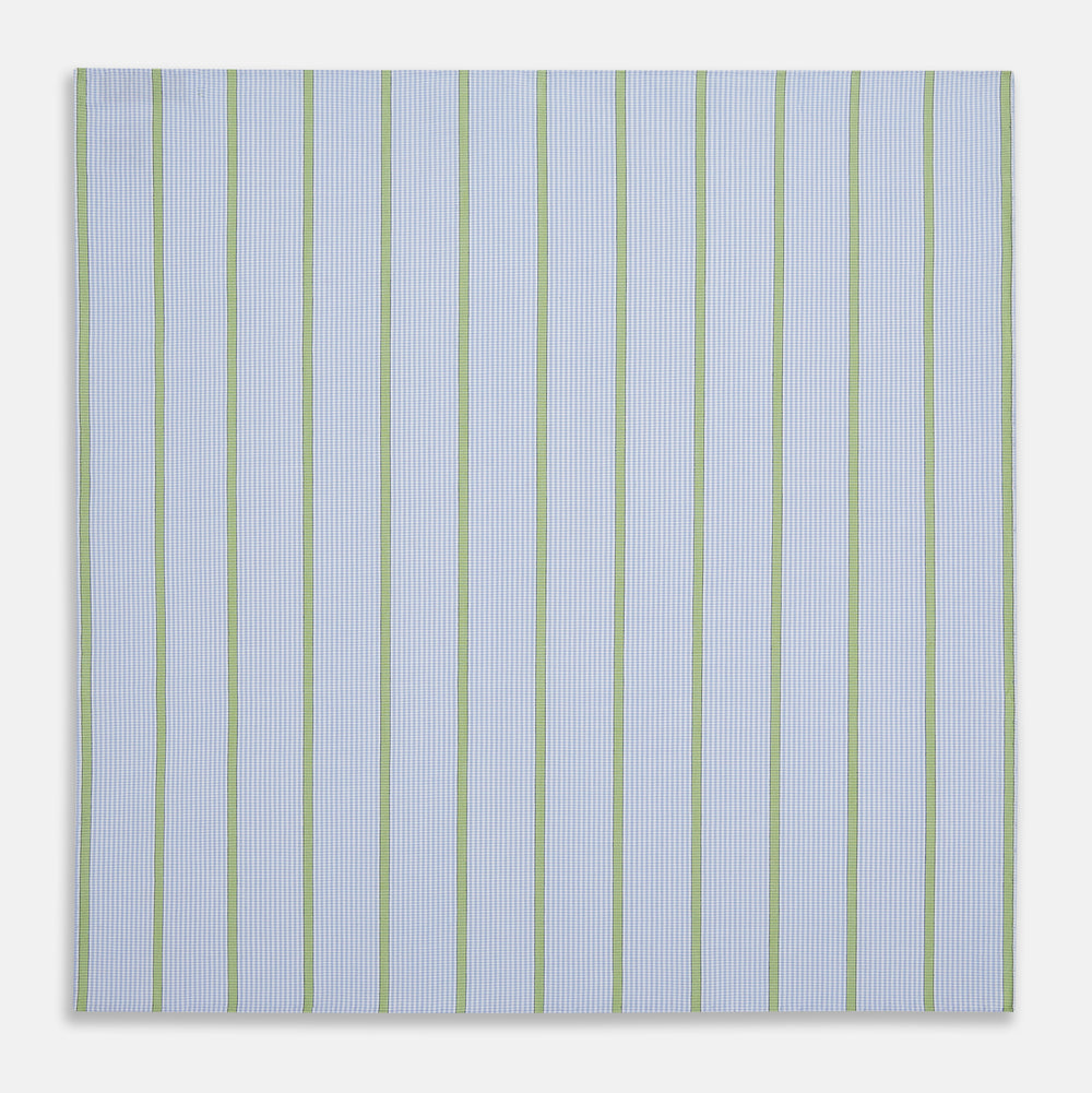 The Turnbull & Asser Hand Rolled Light Green Track Stripe Handkerchief is a crisp, modern cotton accessory featuring evenly spaced light green stripes for a clean, geometric look.