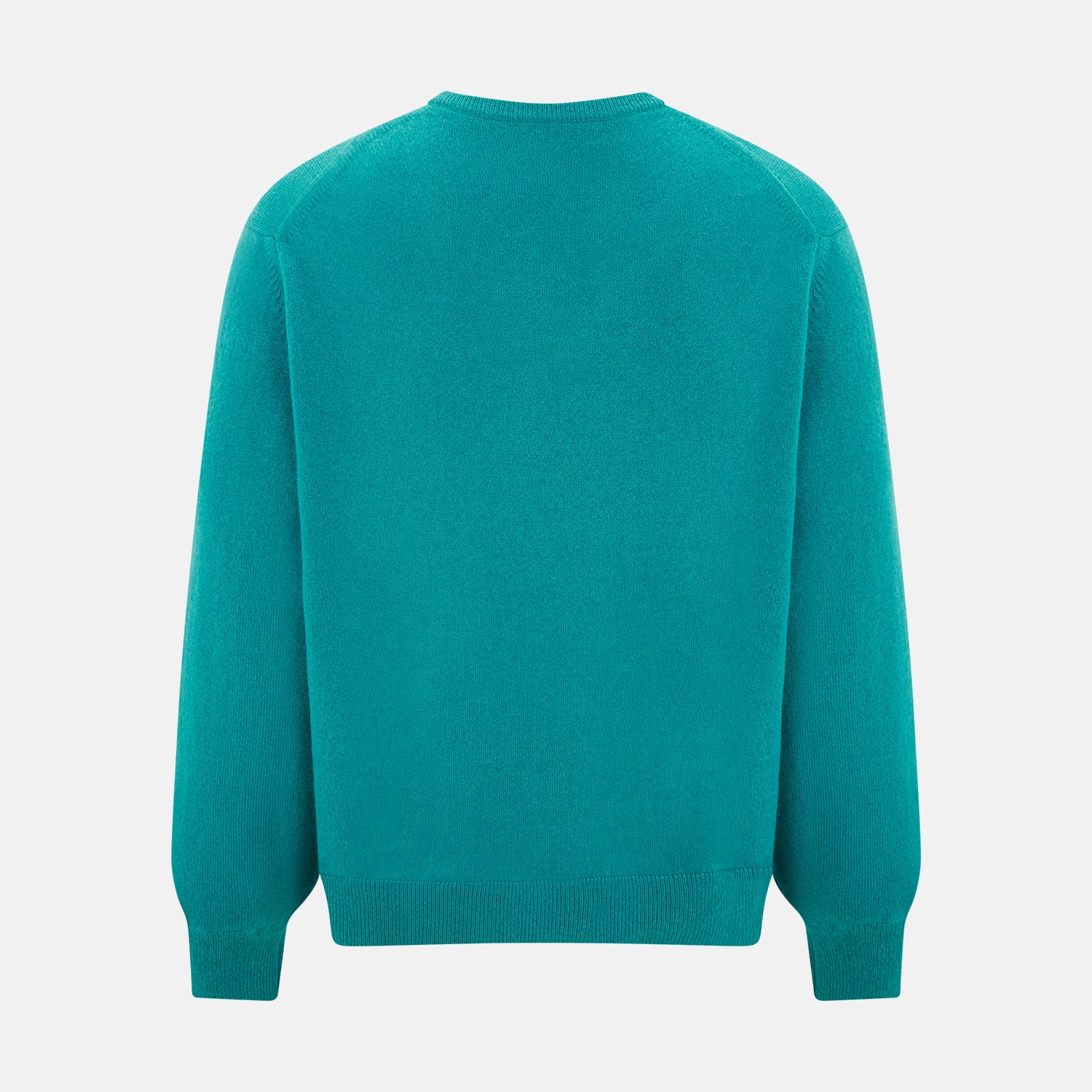 View 3 of product The Turnbull & Asser Turquoise Cashmere V-neck Jumper features long sleeves with ribbed cuffs and hem, displayed on a plain white background—a chic knitwear addition.