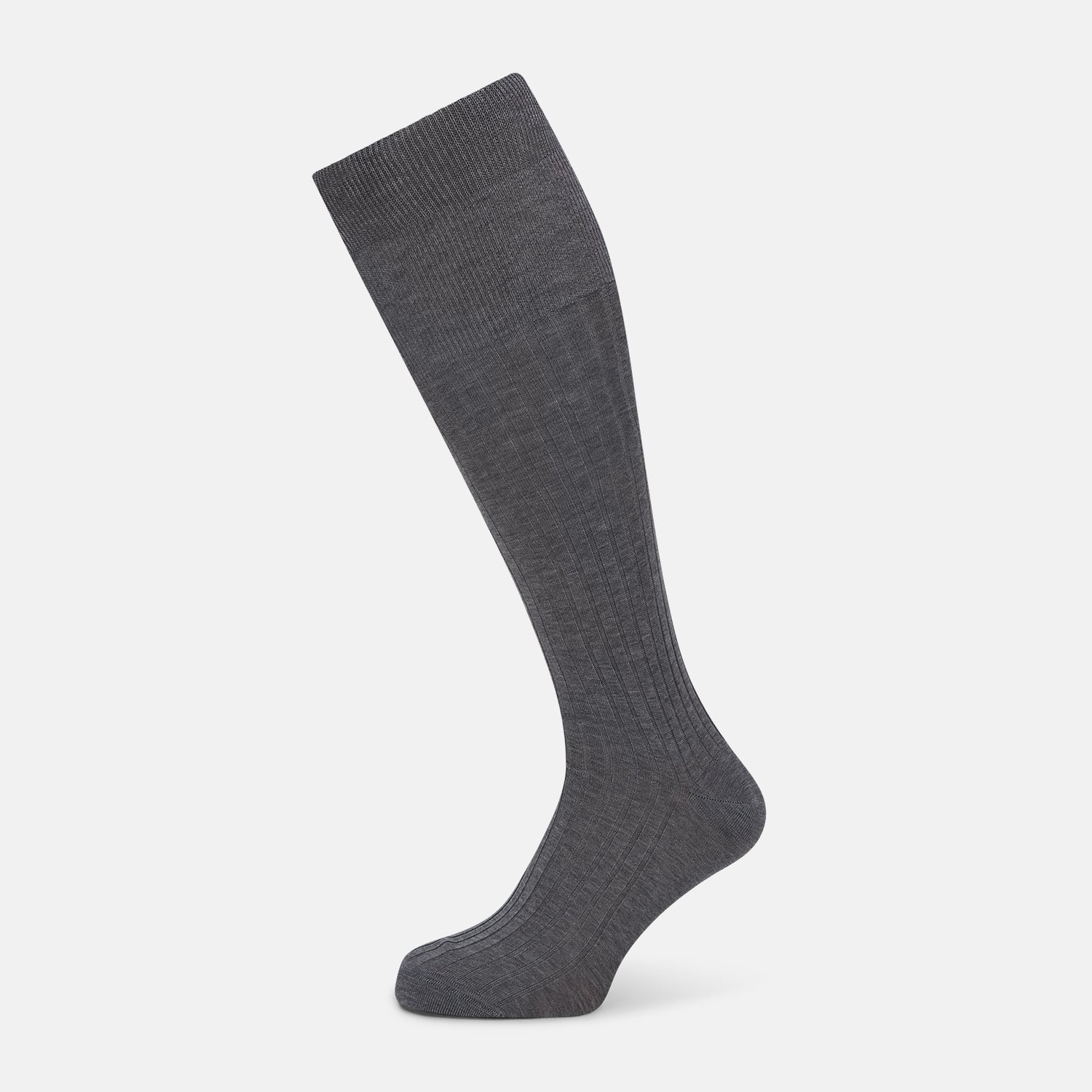 View 1 of product The Ash Long Sock by Turnbull & Asser is a single, knee-high sock in dark gray Egyptian cotton with a ribbed texture, displayed upright against a plain white background.