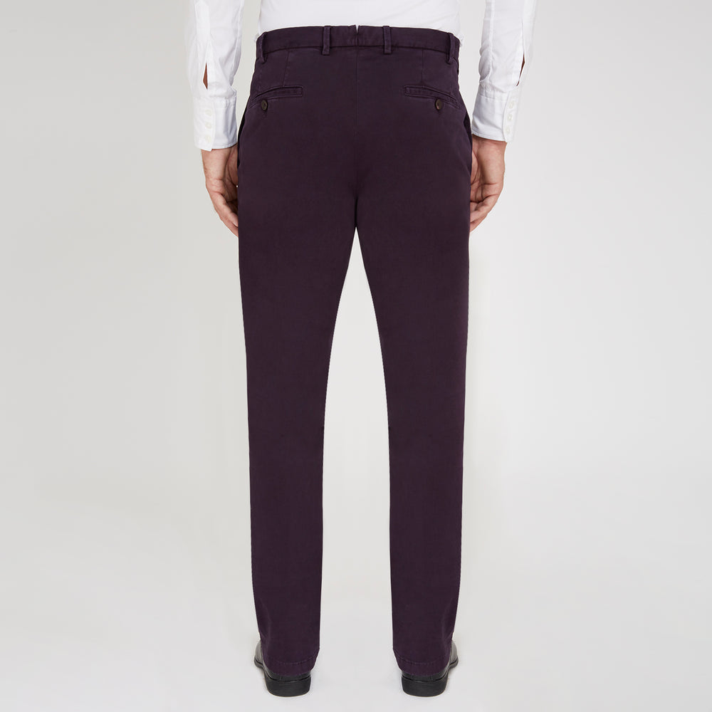 Turnbull & Asser Purple Cotton Trousers: slim-fit with button and zip closure, front and back pockets, shown on a white background.