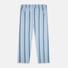 View 3 of product Turnbull & Asser's Blue Multi Stripe Pyjama Trousers feature light blue cotton with a blue multi-stripe pattern, an elastic waistband, and front drawstring, shown laid flat on a white background.
