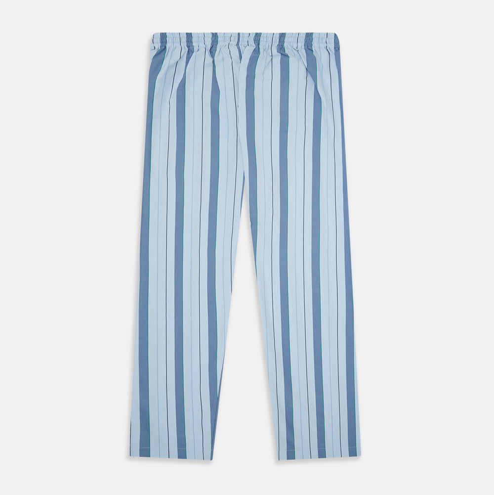 Turnbull & Asser's Blue Multi Stripe Pyjama Trousers feature light blue cotton with a blue multi-stripe pattern, an elastic waistband, and front drawstring, shown laid flat on a white background.