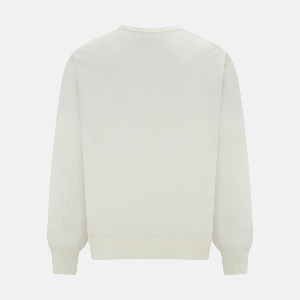 The Turnbull & Asser White Fine Merino V-Neck Jumper, shown against a white background, features a timeless design with long sleeves and ribbed cuffs and hem.