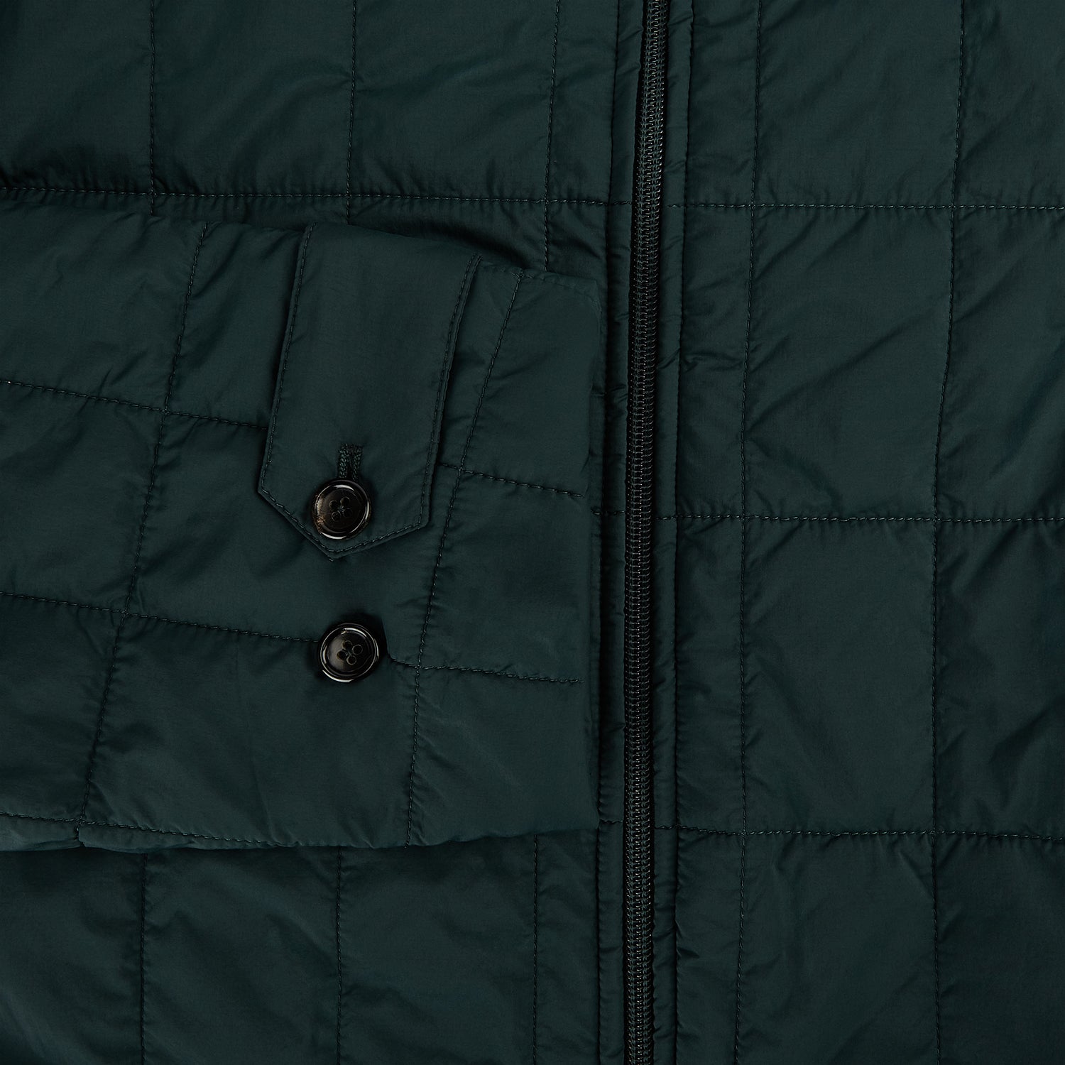 View 4 of product The Turnbull & Asser Battersea Forest Green Quilted Jacket for men features a front zipper, collared neckline, angled chest pocket, two zippered side pockets, and adjustable snap cuffs—shown on a plain white background.