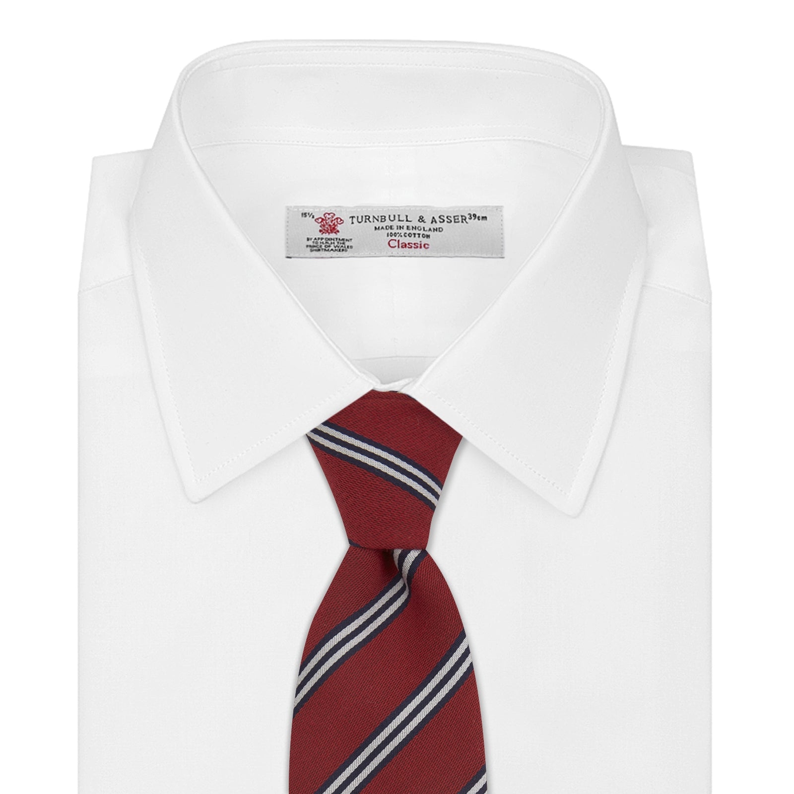 View 2 of product The Turnbull & Asser GGT92000 3042 48 OS is a rolled-up red cotton silk stripe tie with diagonal white and navy blue stripes, displayed on a plain white background.
