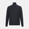 View 3 of product The Turnbull & Asser Smoke Grey Half-Zip Cashmere Jumper features long sleeves, a high collar, and a half-zip design, displayed against a plain white background.
