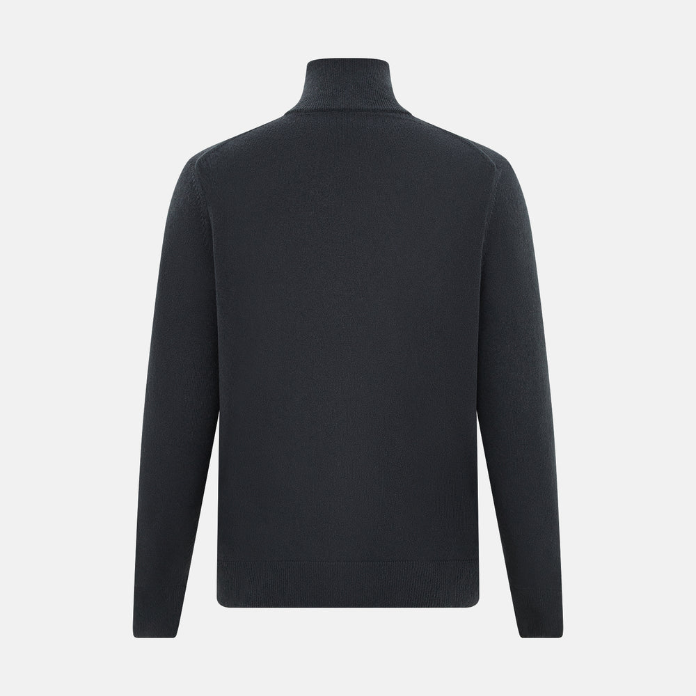 The Turnbull & Asser Smoke Grey Half-Zip Cashmere Jumper features long sleeves, a high collar, and a half-zip design, displayed against a plain white background.
