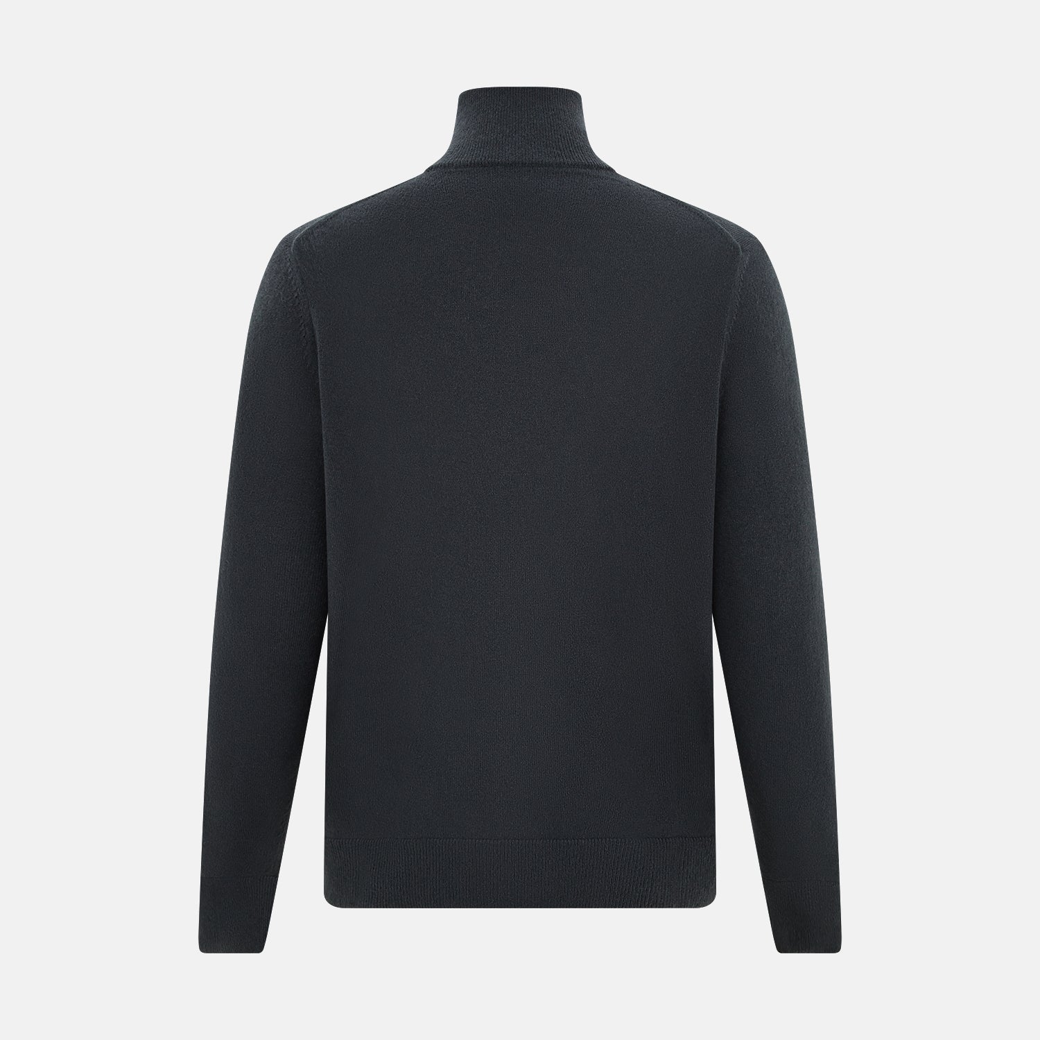 View 3 of product The Turnbull & Asser Smoke Grey Half-Zip Cashmere Jumper features long sleeves, a high collar, and a half-zip design, displayed against a plain white background.