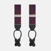 View 1 of product Two Red Jacquard Silk Paisley Braces by Turnbull & Asser, featuring black leather ends and silver-tone buckles, are displayed side by side on a plain white background.