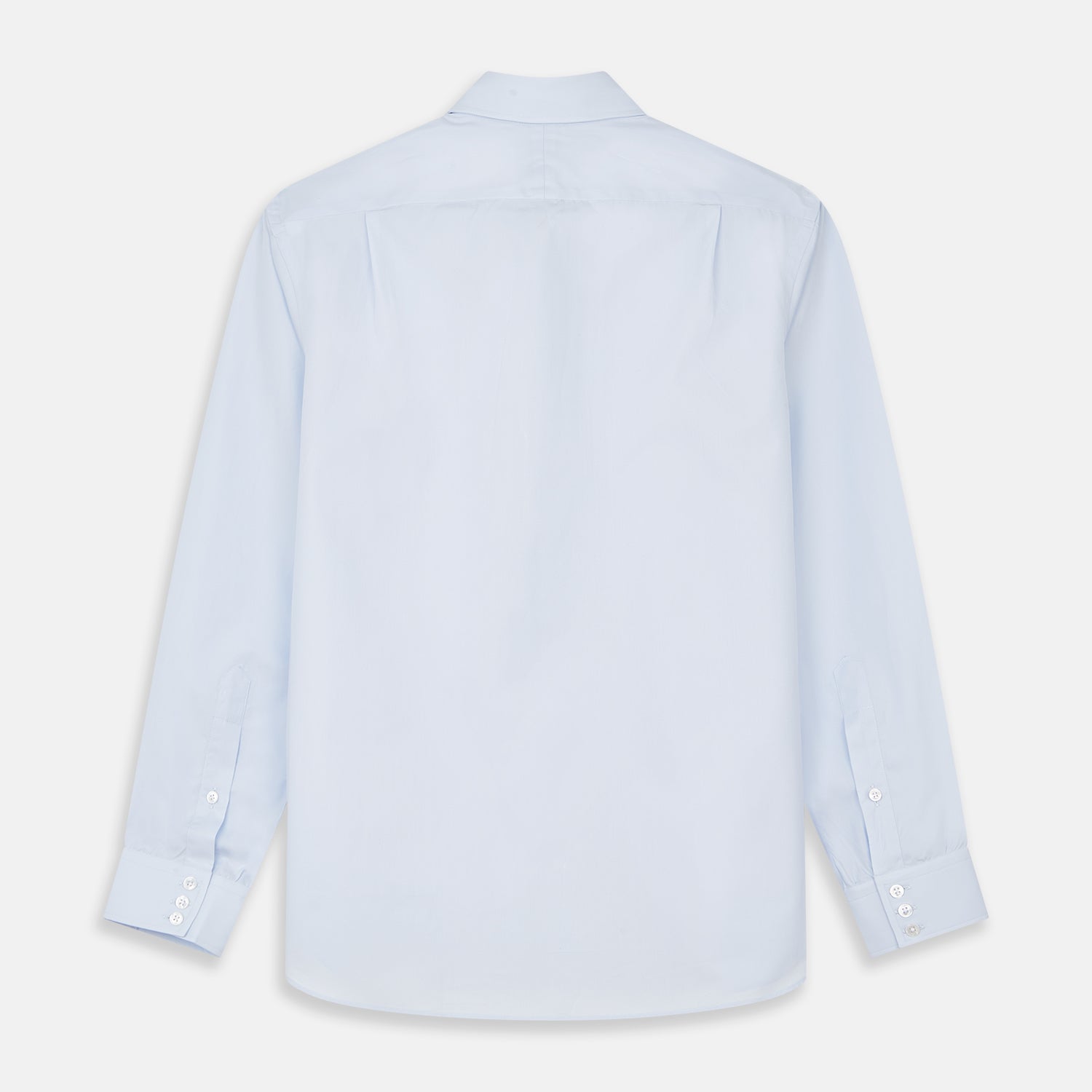 View 5 of product The Turnbull & Asser Tailored Fit Light Blue Cotton Shirt features a Kent collar and 3-button cuffs, perfect for pairing with a navy suit or smart ensemble. Laid flat on a white background.