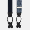 View 2 of product Turnbull & Asser Dark Navy Paisley Adjustable Silk and Navy Leather Braces with silver adjusters, arranged in an M shape on a plain white background—ideal for refined sartorial styling.