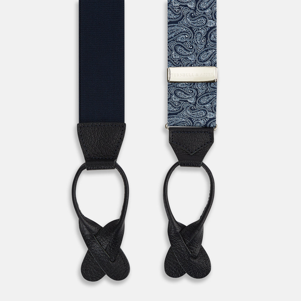 Turnbull & Asser Dark Navy Paisley Adjustable Silk and Navy Leather Braces with silver adjusters, arranged in an M shape on a plain white background—ideal for refined sartorial styling.