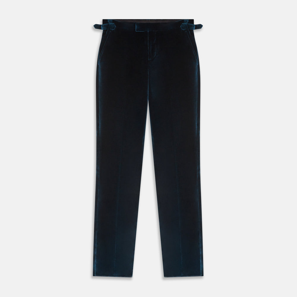 The Teal Velvet Jonathan Trousers by Turnbull & Asser feature a side tab adjuster, straight legs, and a concealed front closure for a refined tailored look, shown on a white background.