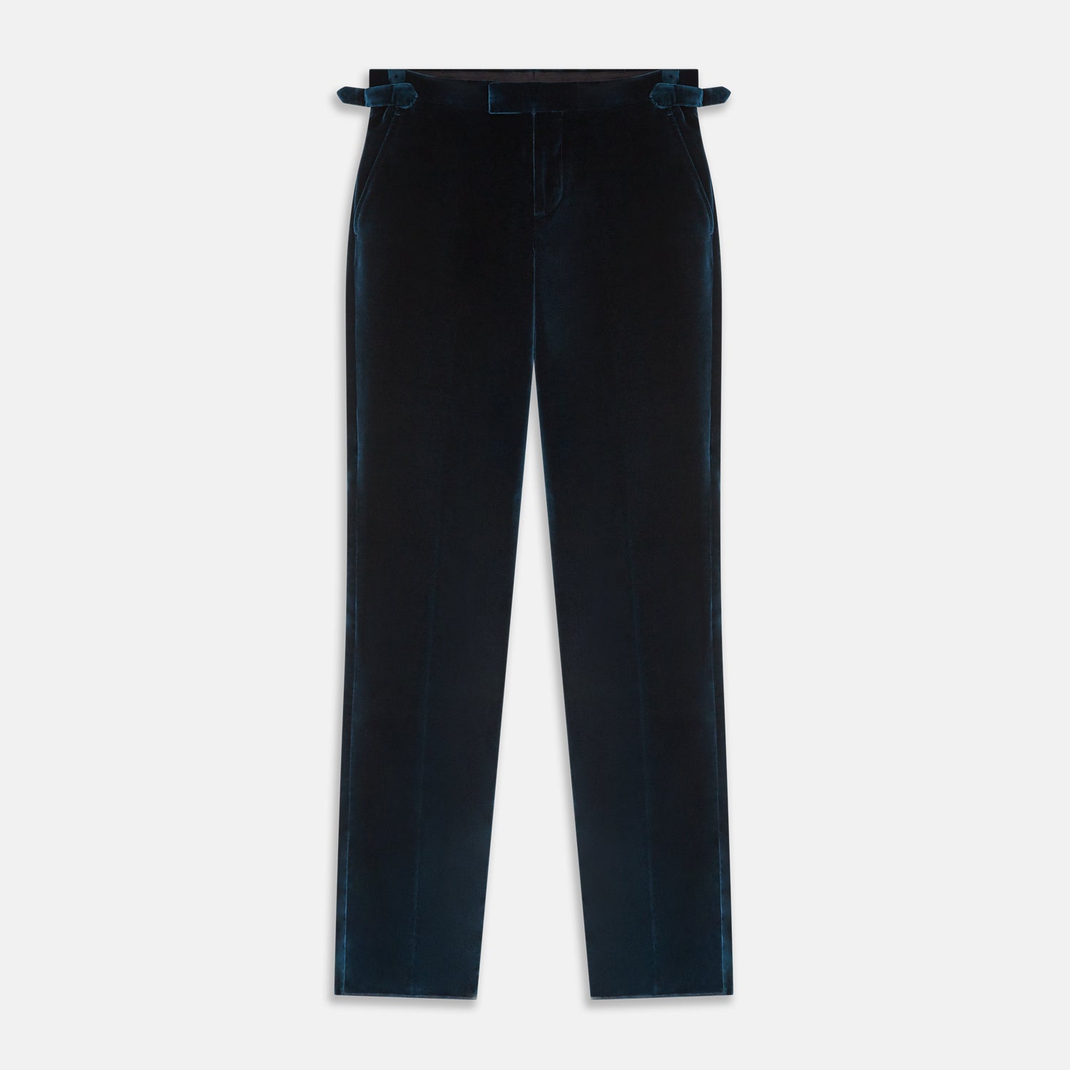 View 1 of product The Teal Velvet Jonathan Trousers by Turnbull & Asser feature a side tab adjuster, straight legs, and a concealed front closure for a refined tailored look, shown on a white background.