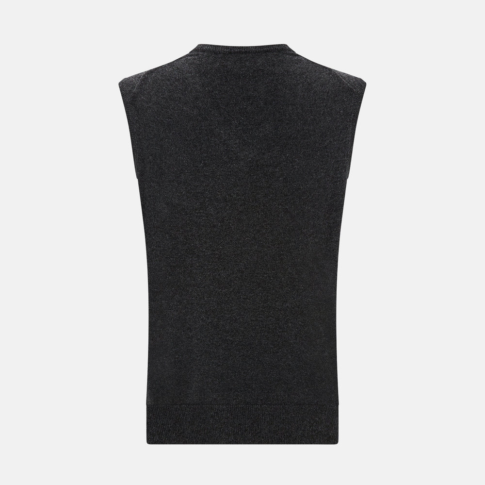 The Turnbull & Asser Charcoal Grey Melange V-Neck Sleeveless Cashmere Vest is shown against a plain white background.