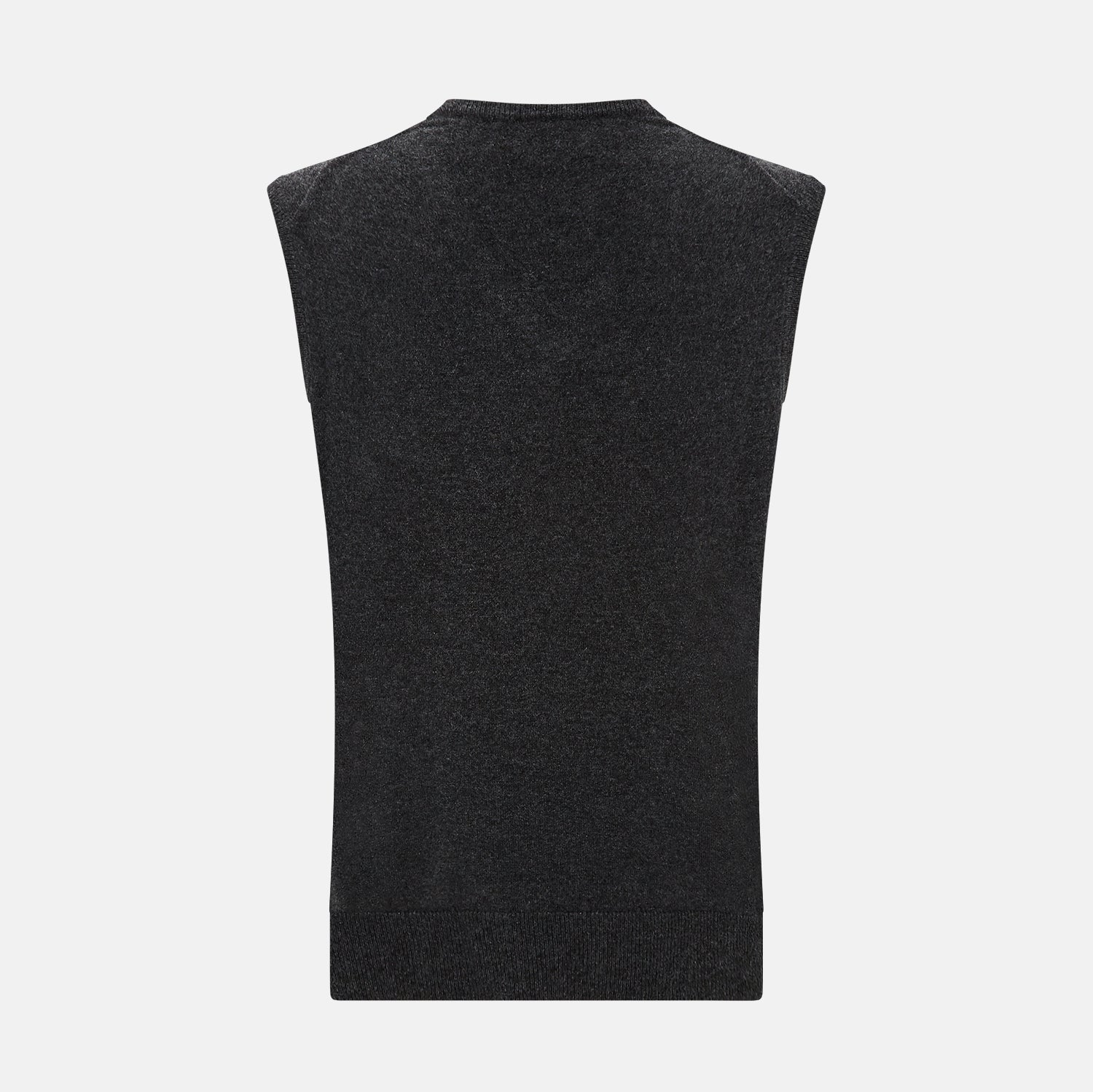 View 3 of product The Turnbull & Asser Charcoal Grey Melange V-Neck Sleeveless Cashmere Vest is shown against a plain white background.