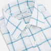 View 2 of product The Turnbull & Asser Turquoise Grid Check Mayfair Shirt is crafted from Italian cotton with a white base and turquoise grid pattern, featuring long sleeves, a pointed collar, and buttoned cuffs.