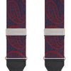 View 2 of product Two Red Jacquard Silk Paisley Braces by Turnbull & Asser, featuring black leather ends and silver-tone buckles, are displayed side by side on a plain white background.