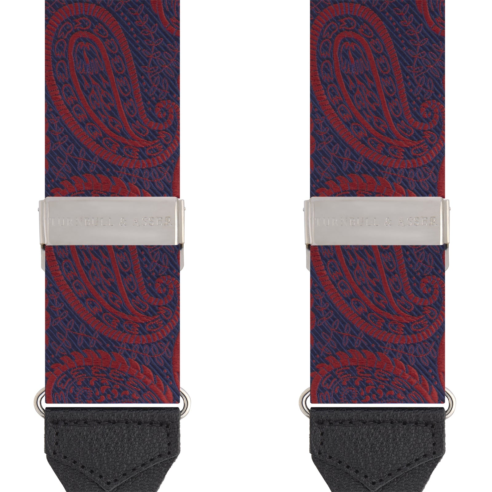 View 2 of product Two Red Jacquard Silk Paisley Braces by Turnbull & Asser, featuring black leather ends and silver-tone buckles, are displayed side by side on a plain white background.